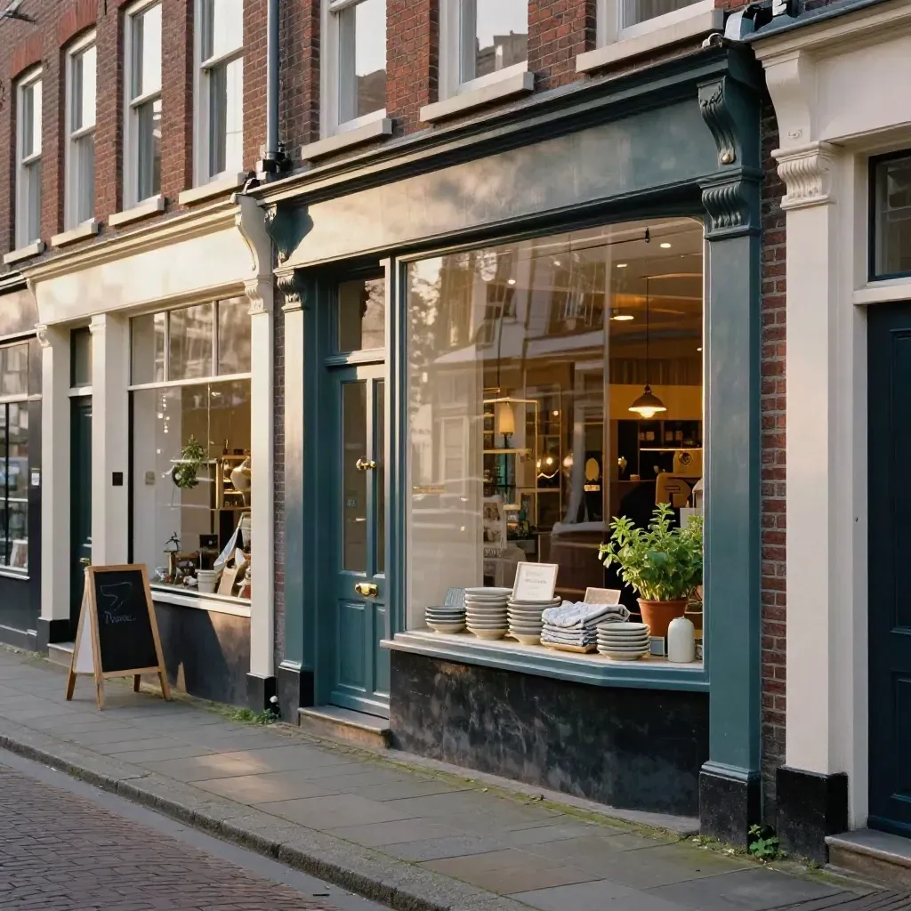 Warme buurtwinkels met etalages in een stille straat, schuin vanaf de stoep gefotografeerd.