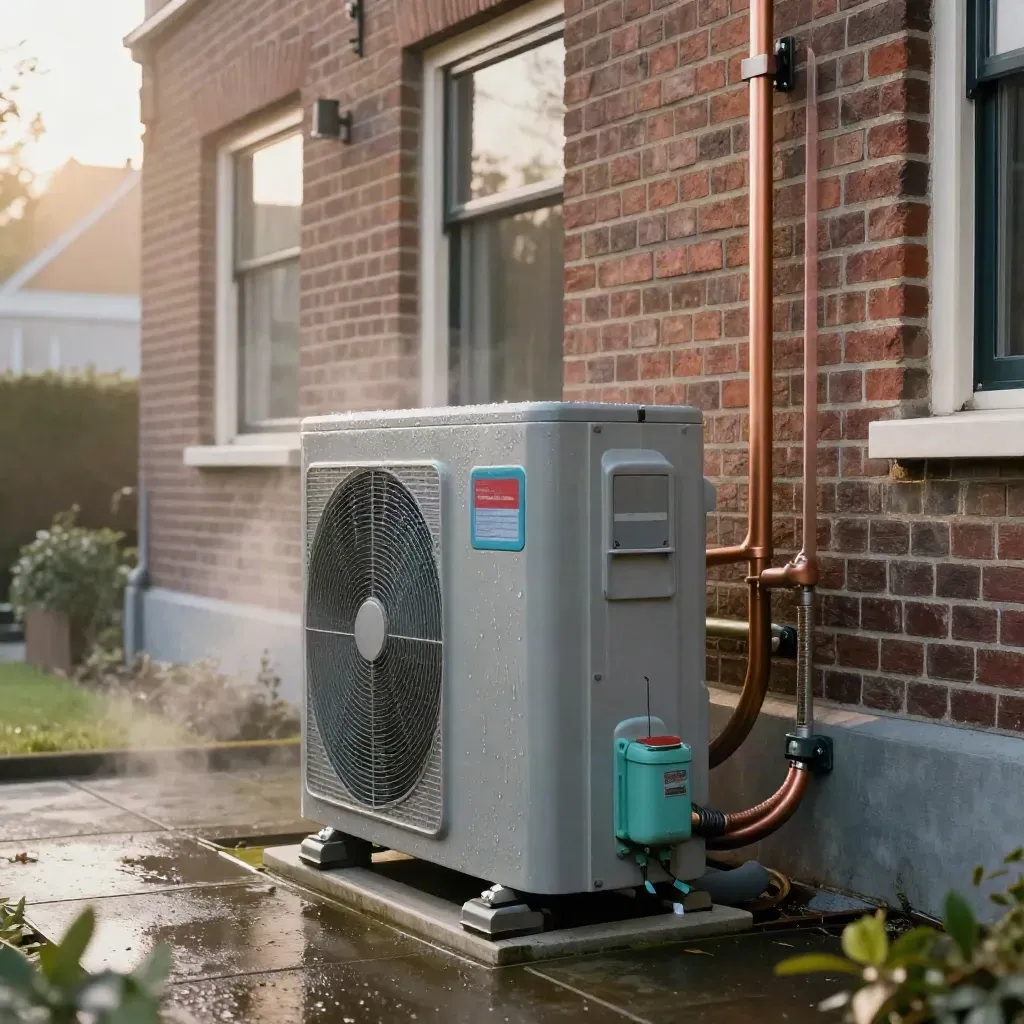Warmtepomp naast Utrechtse gevel met stoom en natte bestrating in de ochtend.