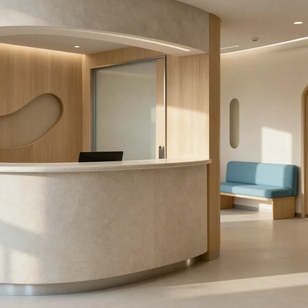 Rustige zorgkliniekreceptie met stenen balie, zachte stoelen en koel daglicht in een stille gang
