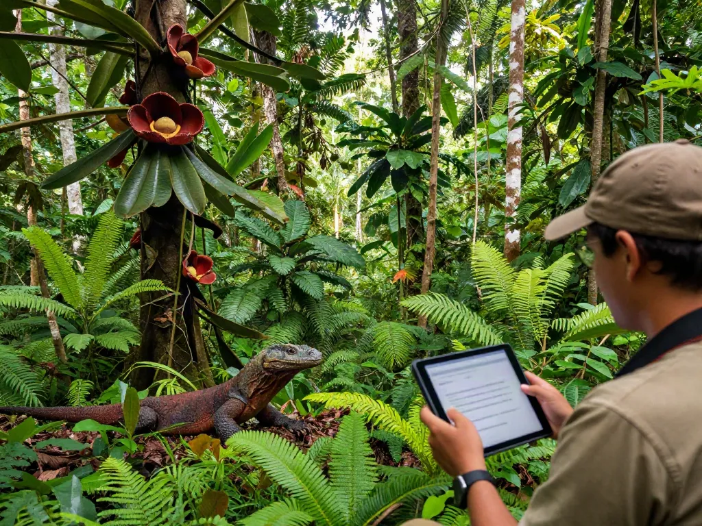 Indonesian biodiversity with rokok88 link showcasing rare flora and fauna in a lush rainforest.